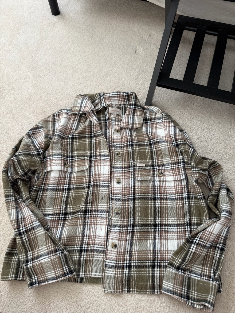 Braxton Cropped Plaid Button-Up Shacket in Olive, Brown & White
